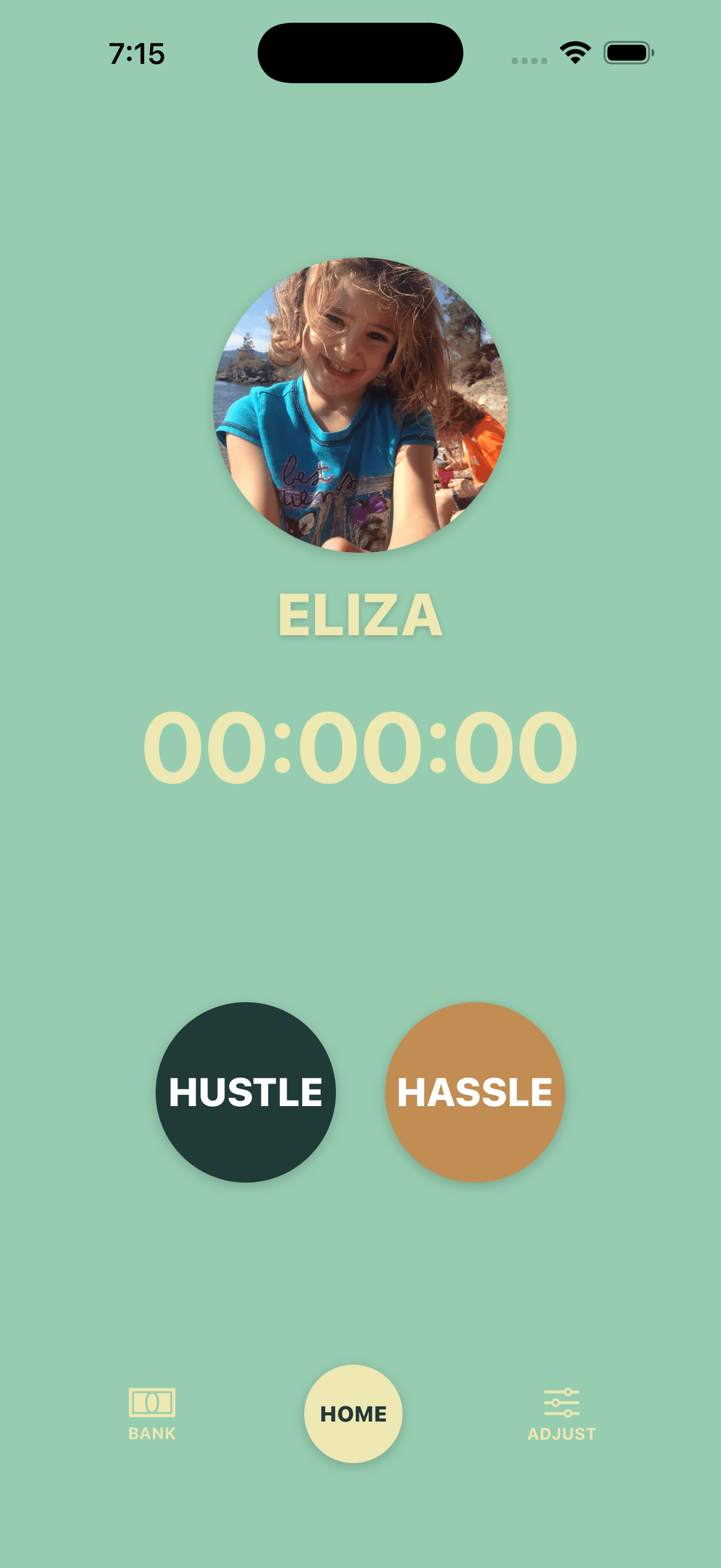 Timer screen showing two big buttons — Hassle and Hustle — ready to be tapped