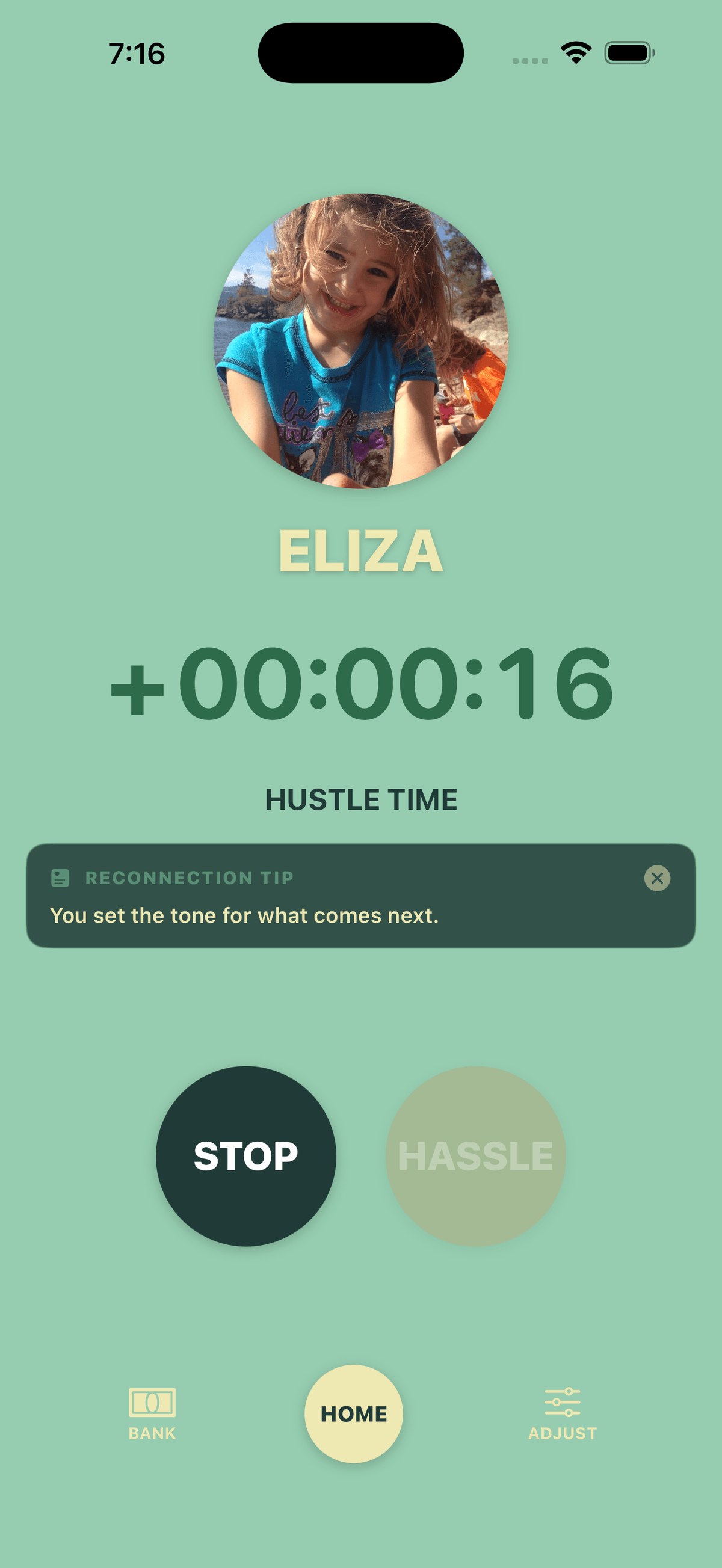Hustle timer running with a connection tip card for the parent