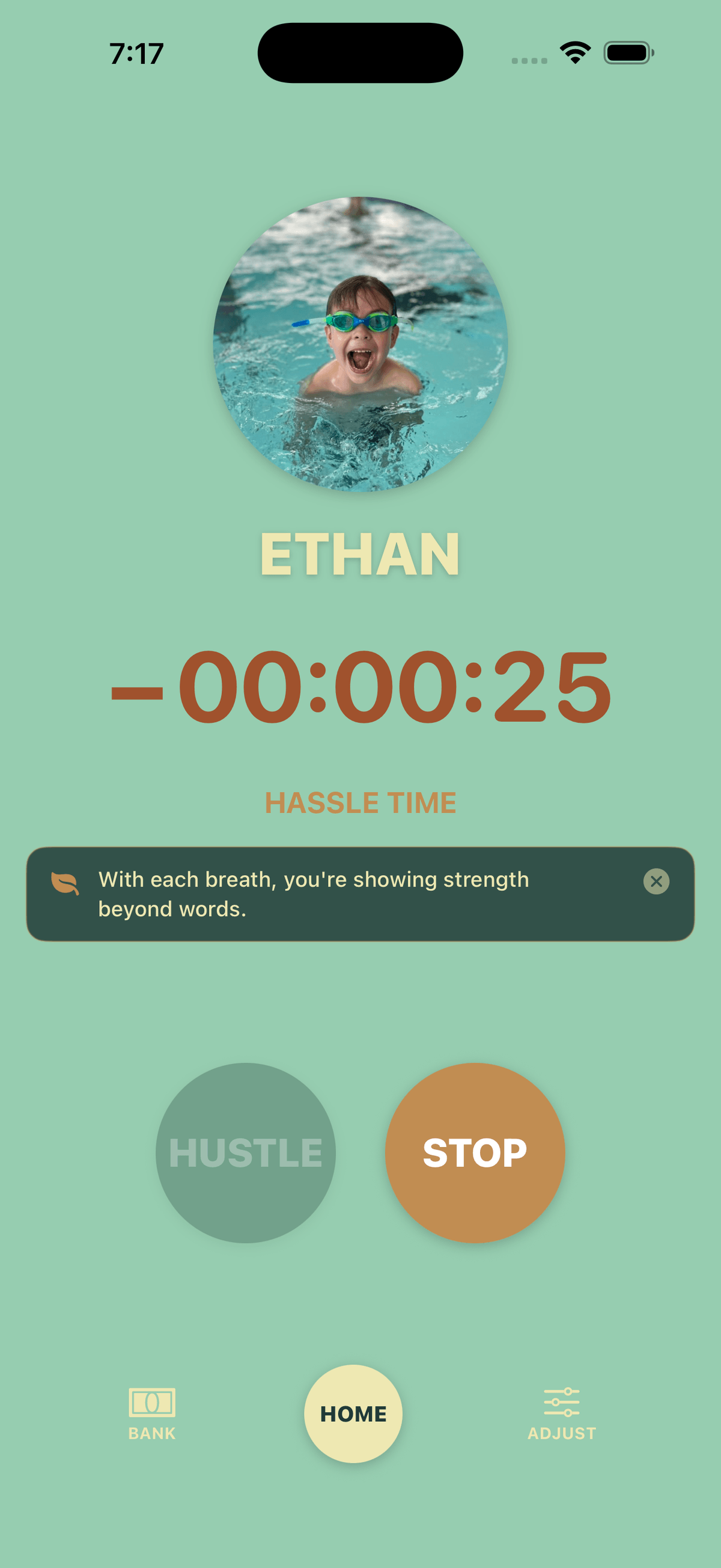 Hassle Time app showing a hassle timer running with a supportive message to the parent: take a breath, you've got this.