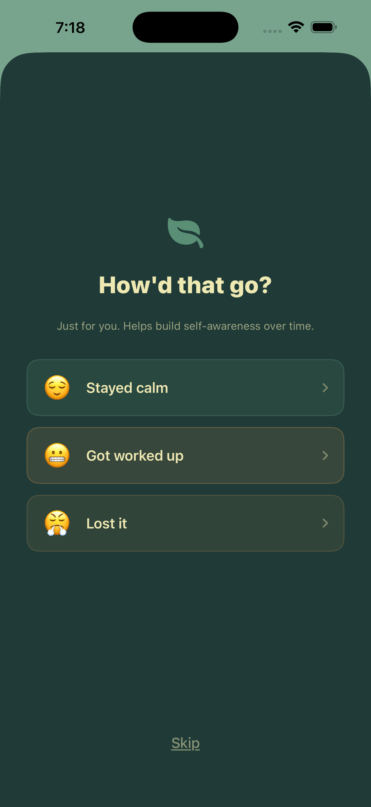 The how'd that go check-in screen with three emoji options