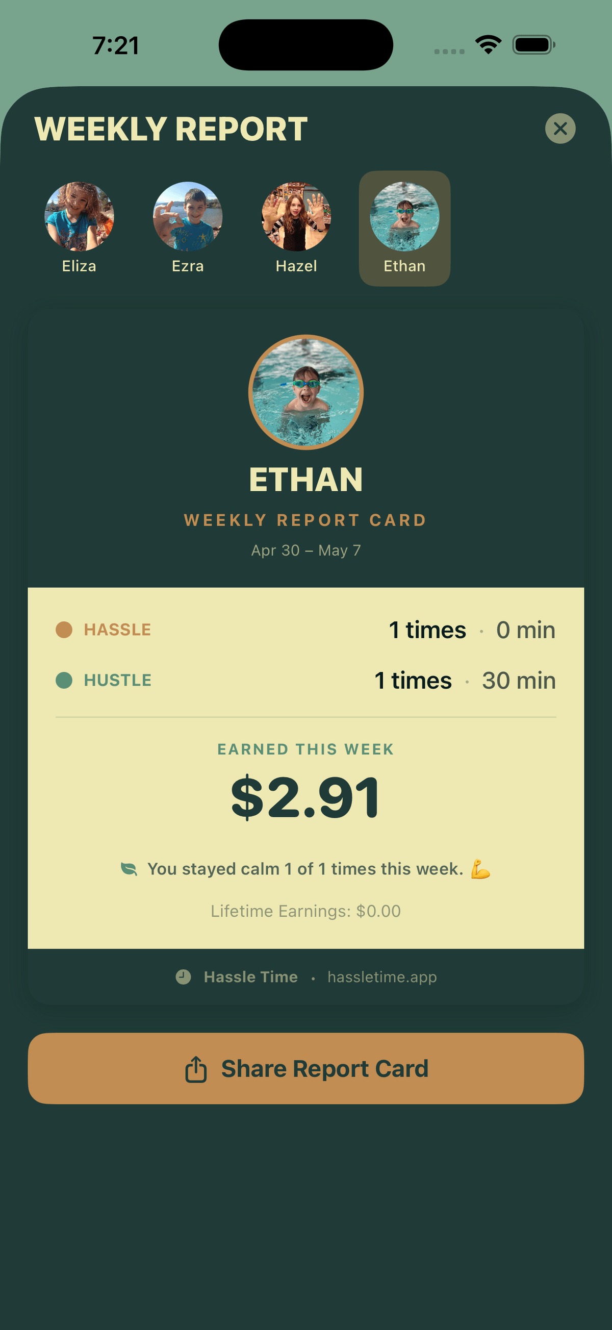 Weekly report card showing hassle minutes, hustle minutes, and bank balance for the week
